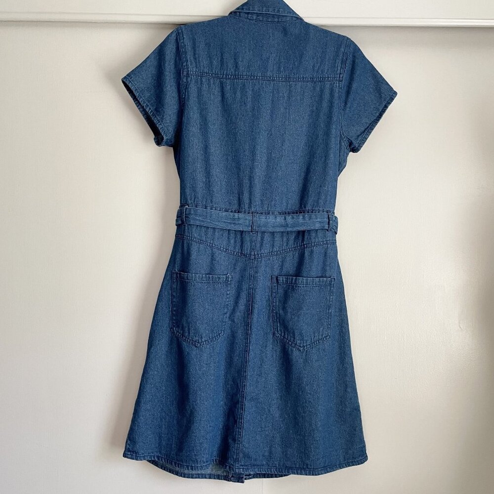 J GEE Denim Blue Jean Shirt Dress Size MP Short Sleeve Button Belted Pockets VTG - Picture 4 of 10
